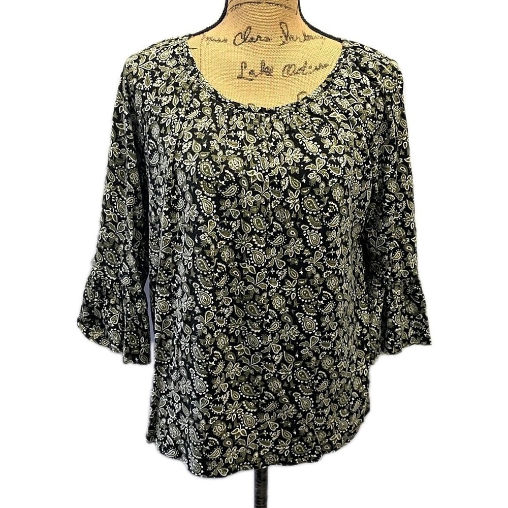 Michael Kors Paisley Peasant Top 3/4 Bell Sleeve Boho Black‎ Olive Blouse sz M